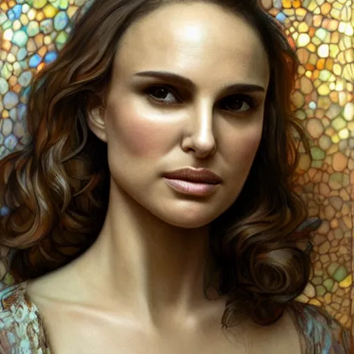 Image similar to “Natalie Portman highly detailed portrait, organic cyborg, raku, diffuse lighting, fantasy, intricate, elegant, highly detailed, lifelike, photorealistic, digital painting, artstation, illustration, concept art, smooth, sharp focus, art by John Collier and Albert Aublet and Krenz Cushart and Artem Demura and Alphonse Mucha”