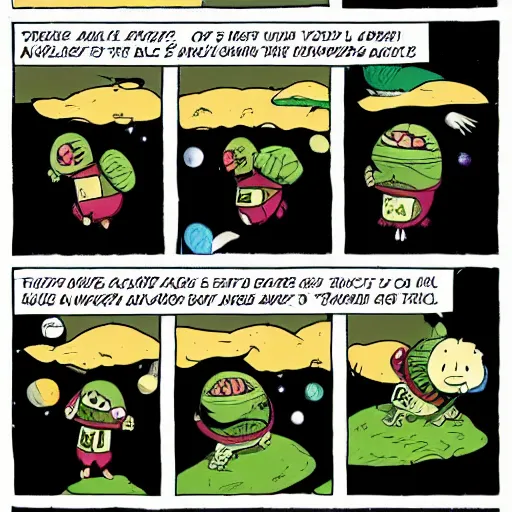 Image similar to a 3 panel comic strip about avocadoes in space, style of bill watterson