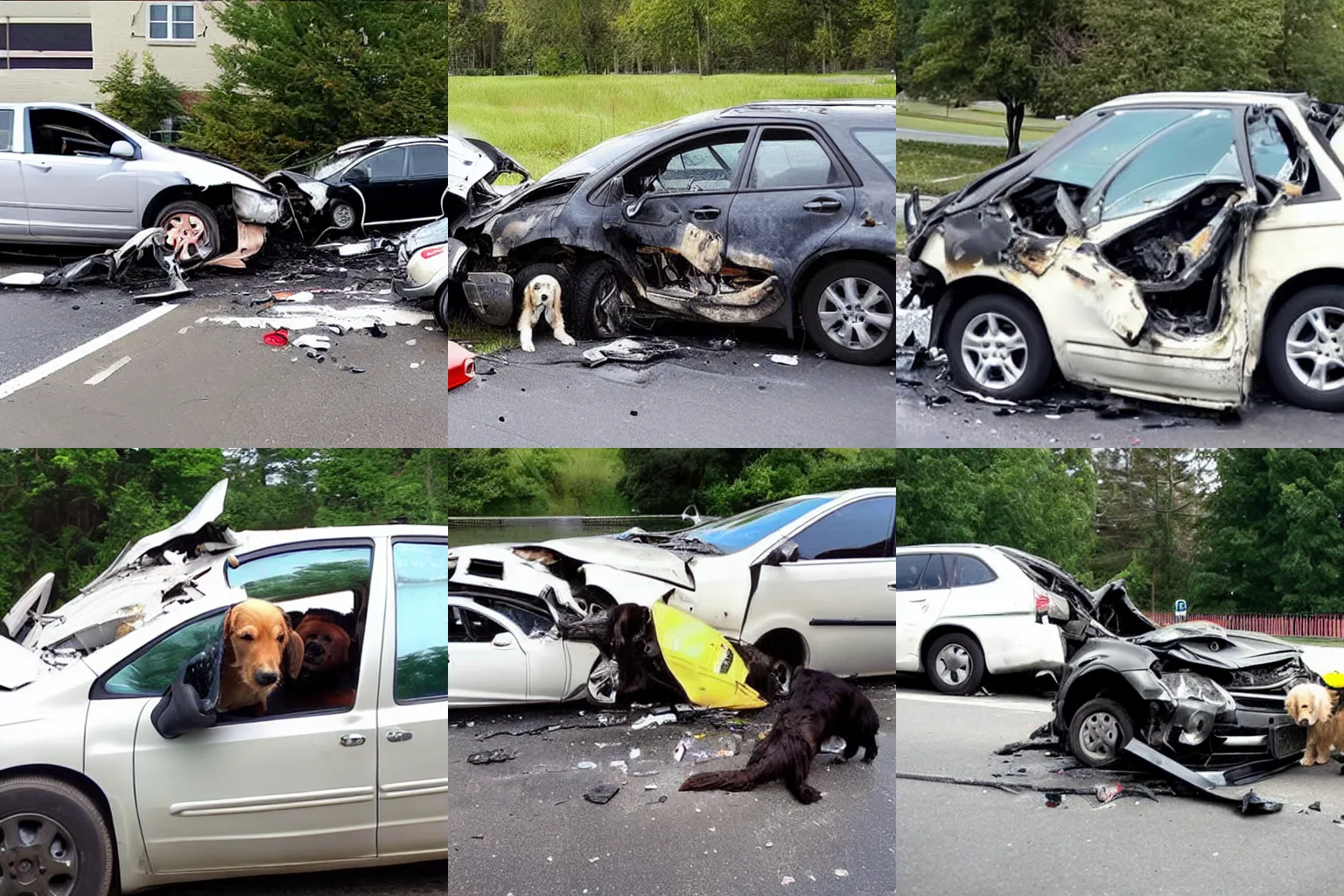 Prompt: retriever driving a car, traffic accident, car is destroyed, comedy