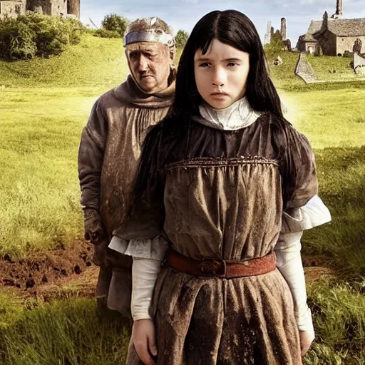 Image similar to a young girl of 1 5 years with black hair in a muddy medieval village square has raised her father from the dead to protect her from angry villagers