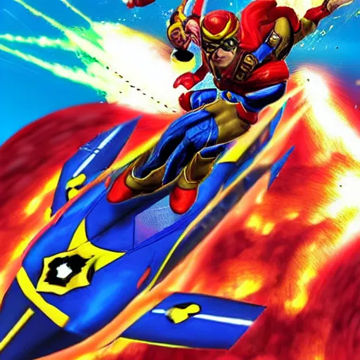 Prompt: captain falcon jumping out of blue falcon, explosions