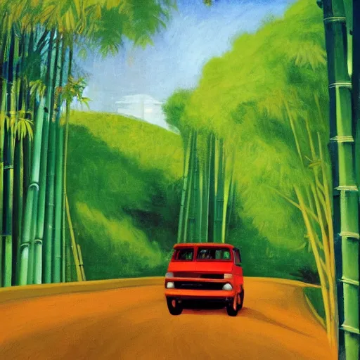 Prompt: a red daihatsu delta truck parked in the apex of a curve with the road surrounded by a canopy of bamboo trees, the shadows of the leaves are proyected onto the road painting by edward hopper