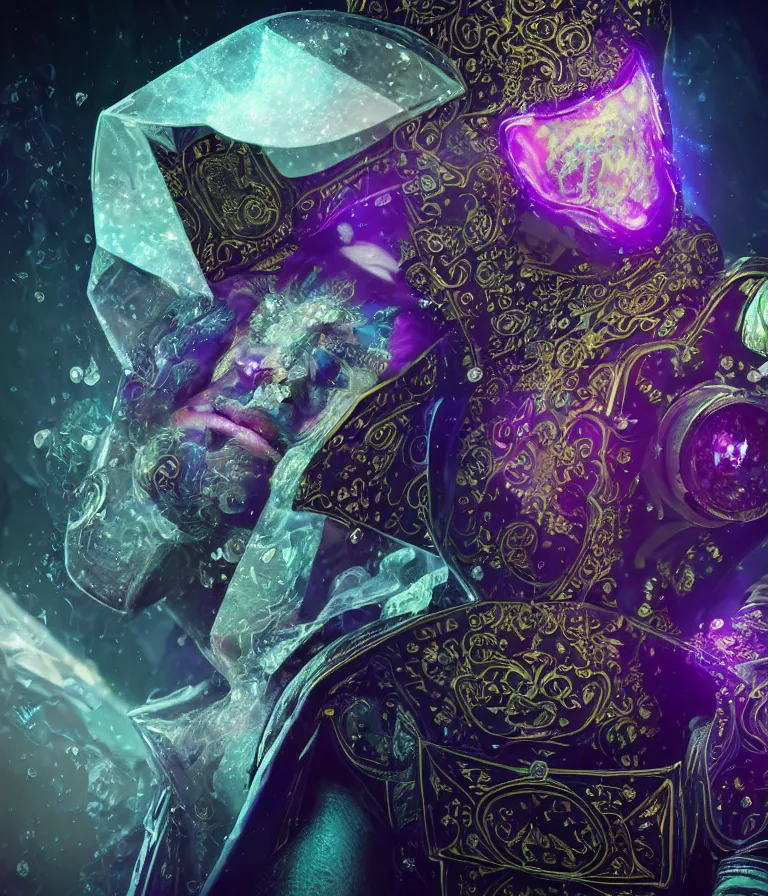 Image similar to impressive sublime front!! shot photo of a court jester character fine portrait fine portrait mesmerizing fractal hyper cubes platinum cracked dark future hyper dimensional space galactic crystal nebula edges elegant detailed intricate concept artstation sharp focus ray tracing cinematic masterpiece temporal corruption beeple wlop germ 8 4 k scifi glossy hyper realistic illustration canon eos r 3 fujifilm x - t 3 0 sony alpha a 6 6 0 0