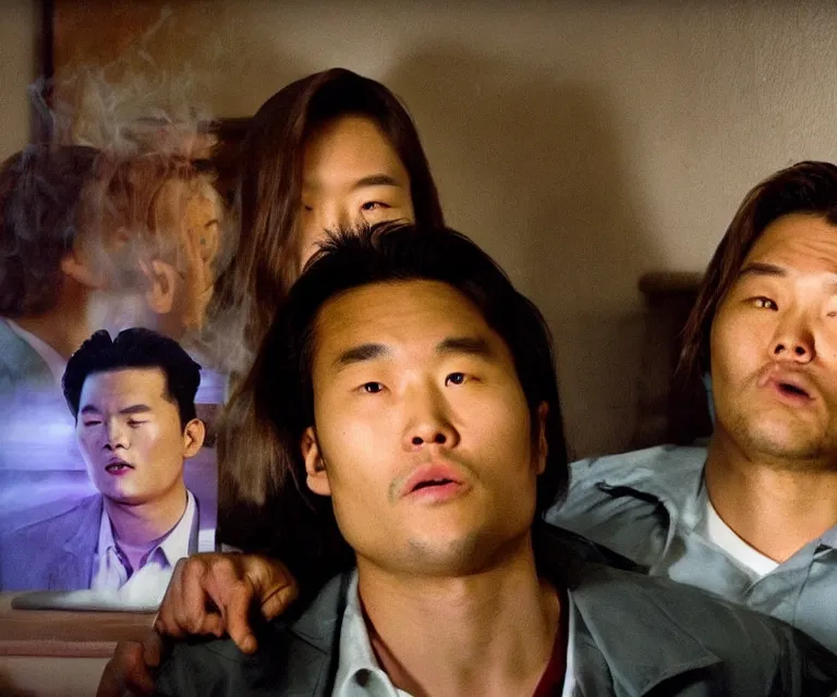 Image similar to hyperralism pineapple express movie still photography of real detailed north korean kim chen with detailed face smoking detailed weed and reviewing wead bush in detailed basement bedroom ultra violet light