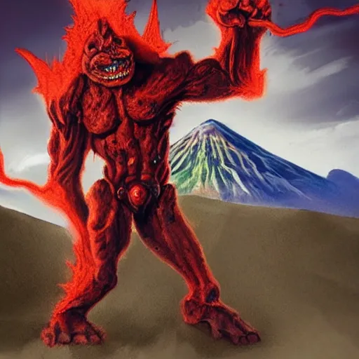 Image similar to “ a highly detailed red volcanic goblin, like magic the gathering, goblin chainwalker, with a volcano in the background, digital art, by christopher rush ” w 7 6 8