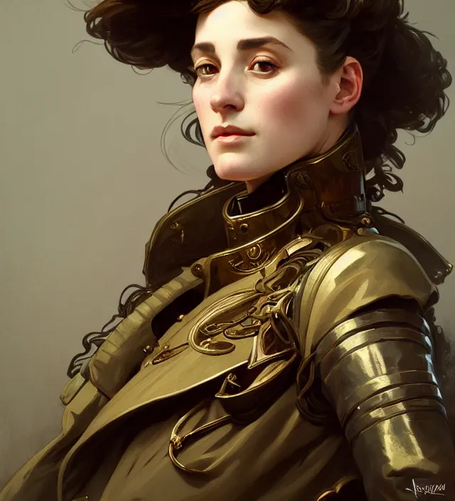 Image similar to portrait of a french woman wearing a traditional nineteenth century french empire military jacket, metal shoulder pauldrons, intricate, highly detailed, digital painting, artstation, concept art, sharp focus, cinematic lighting, illustration, art by artgerm and greg rutkowski, alphonse mucha, cgsociety