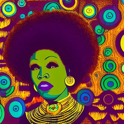 Image similar to Georgia Anne Muldrow, afro-psychedelia, afrocentric mysticism, in the style of Jack Gaughan