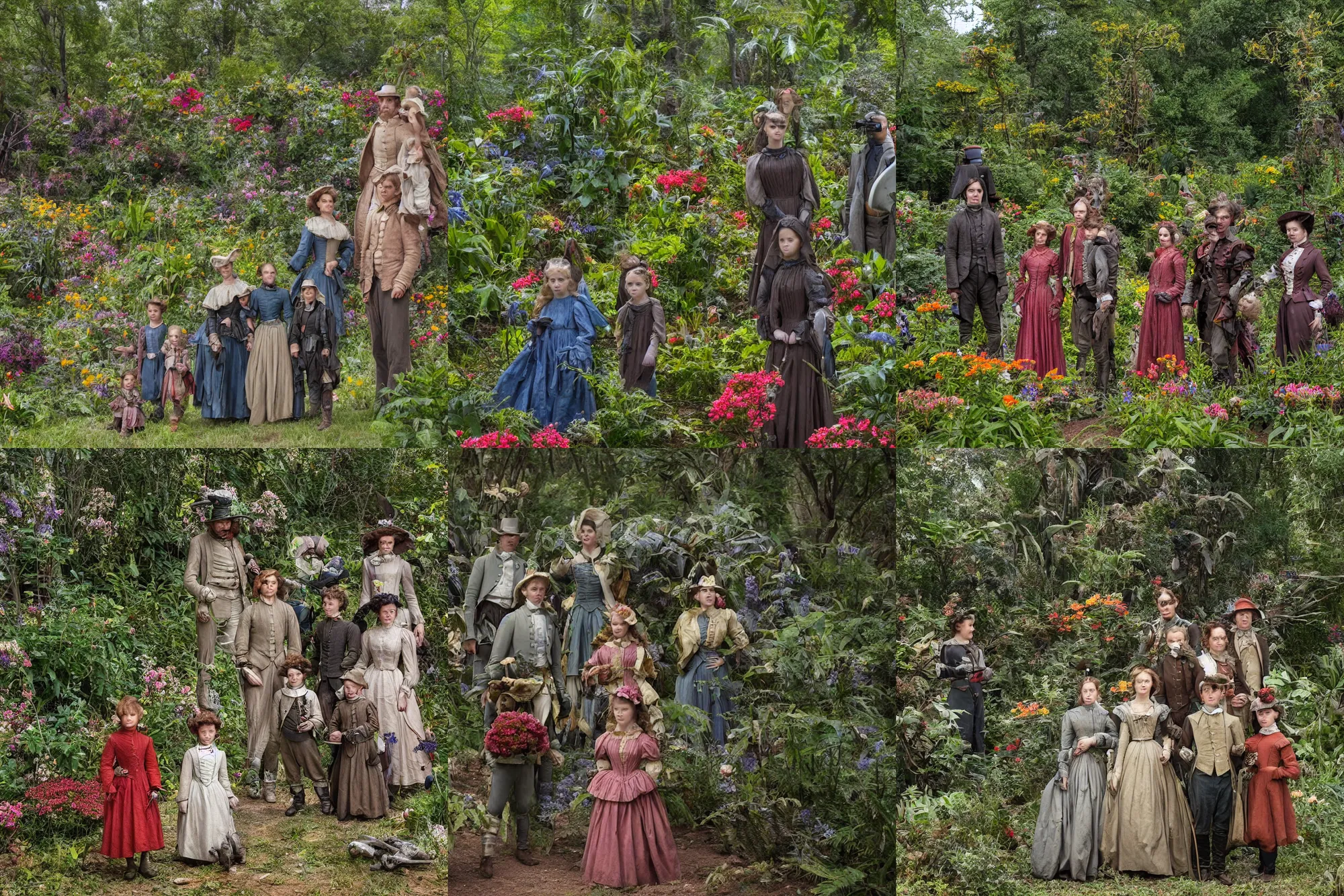 Prompt: sharp, highly detailed, 36864k film, 175000mm film still from a sci fi blockbuster color movie made in 2019, set in 1860, of a family standing in a park, next to some strange alien plants and flowers, on an alien planet, the family are all wearing 1860s era clothes, good lighting, enhanced faces, 70000mm f/4.2L lens