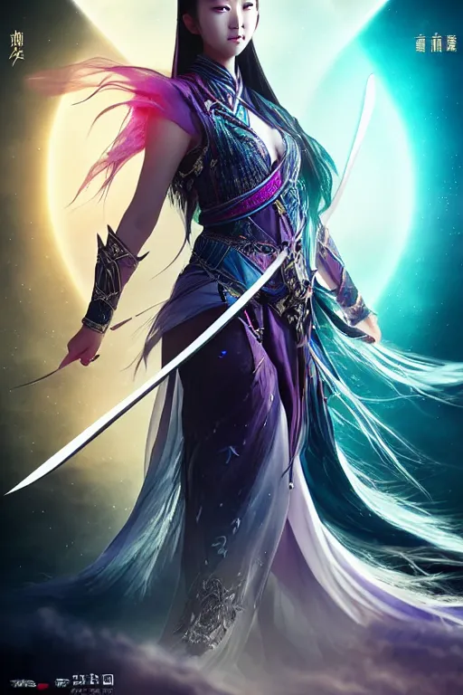 Image similar to beautiful cinematic fantasy poster, wuxia sword dance heroine, beautiful glowing galaxy eyes, hybrid from Dynasty Warriror and art direction by tian zi, WLOP, Darius Zawadzki cinematic quality character render; low angle; ultra high quality model; production quality cinema model;