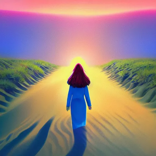 Prompt: closeup massive dahlia flower under head, a girl walking between dunes, surreal photography, sunrise, blue sky, dramatic light, impressionist painting, digital painting, artstation, simon stalenhag