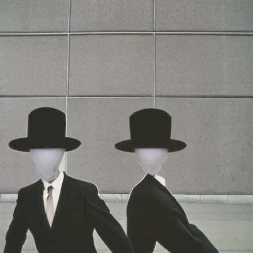 Image similar to wide-shot low angle of empty animated formal suits ((heads)) walking down the street, polaroid photo, by Andy Warhol, by Rene Magritte