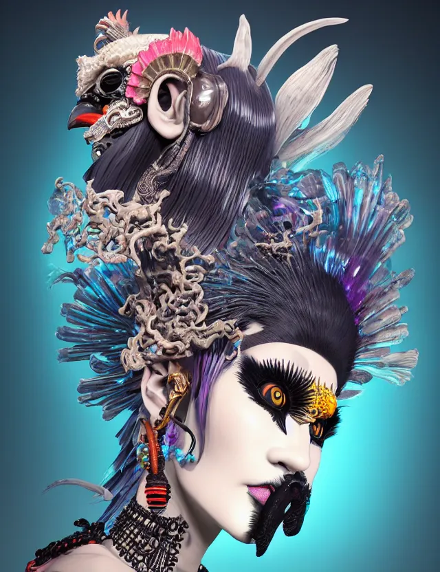 Image similar to 3 d goddess close - up profile portrait punk with mohawk with ram skull. beautiful intricately detailed japanese crow kitsune mask and clasical japanese kimono. betta fish, jellyfish phoenix, bio luminescent, plasma, ice, water, wind, creature, artwork by tooth wu and wlop and beeple and greg rutkowski