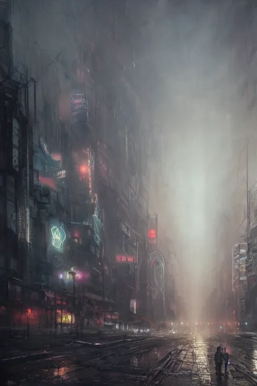 Prompt: a detailed and dark painting of a dystopian cityscape, with abandoned buildings and a fog of neon lights, by greg rutkowski and thomas kinkade, 4 k, trending on artstation