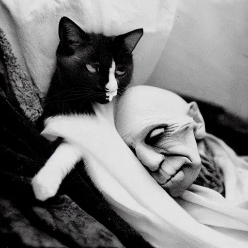 Prompt: count orlok cozy in bed, snuggling his kitty, very peaceful and relaxing photograph, black and white