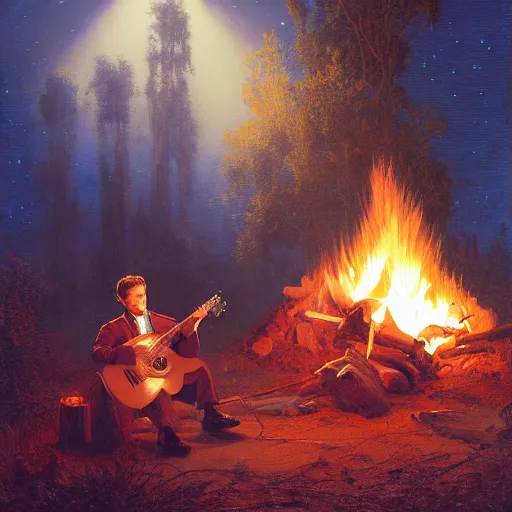 Image similar to cute caracals in red ties playing a guitar near campfire, night, atmospheric lighting, intricate, volumetric lighting, digital art, highly detailed by gaston bussiere, craig mullins, j. c. leyendecker 8 k