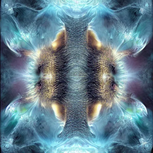 Image similar to surrealistic arctic fox bring fire and destruction to the world photorealistic symmetrical detailed fractal