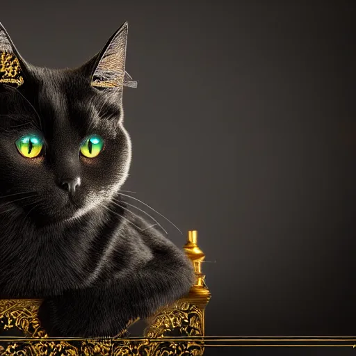 Image similar to a full-body shot of a black void cat with golden glowing eyes, fairytale, beautiful, intricate, elegant, ornate, super detailed, Octane render, reflections