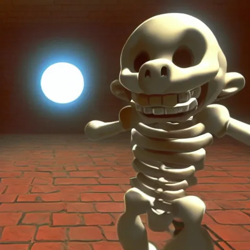 Image similar to A skeleton in the game Super Mario 64, unreal engine, highly detailed