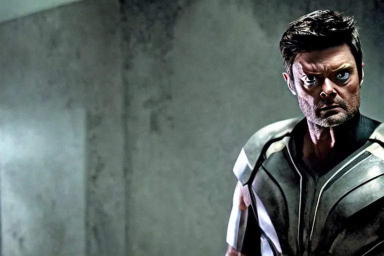 Image similar to film still frame of karl urban as wolverine, high quality