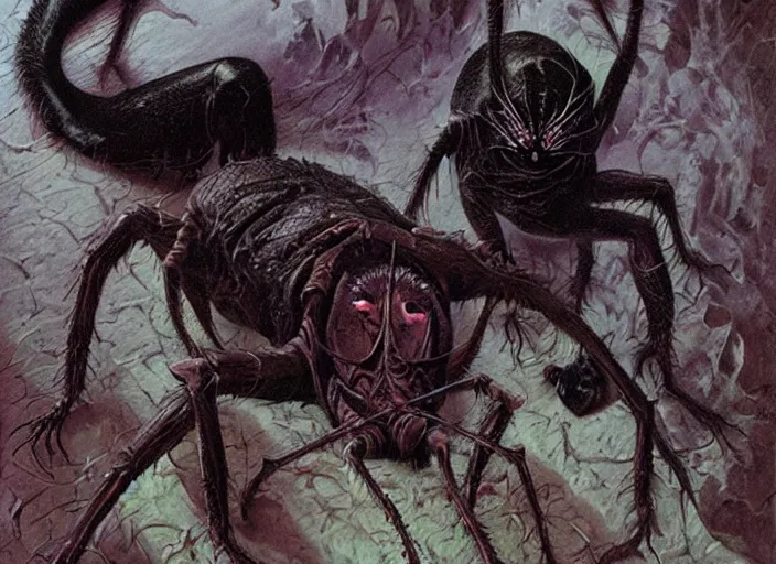 Image similar to a picture of an horrific creature with spider! torso and leg and with a black cat! head!, art by wayne barlowe and ralph horsley