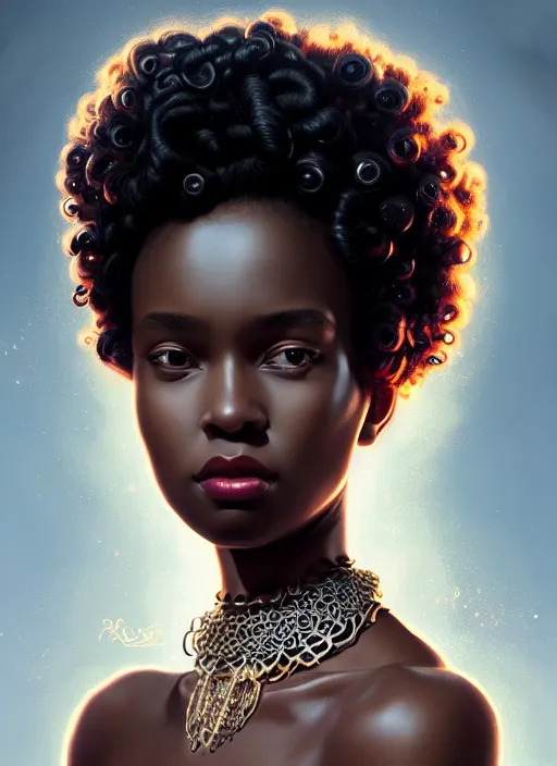 Image similar to portrait of young black woman with bantu knots, afro - futurist style, intricate, elegant gleaming jewelry, angelic halo, highly detailed, digital painting, artstation, concept art, smooth, sharp focus, illustration, art by wlop, mars ravelo and greg rutkowski