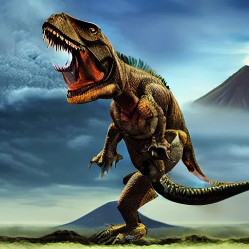 Prompt: photo realistic art of t-rex roaring, Volcano erupting far in the background, very very very very detailed