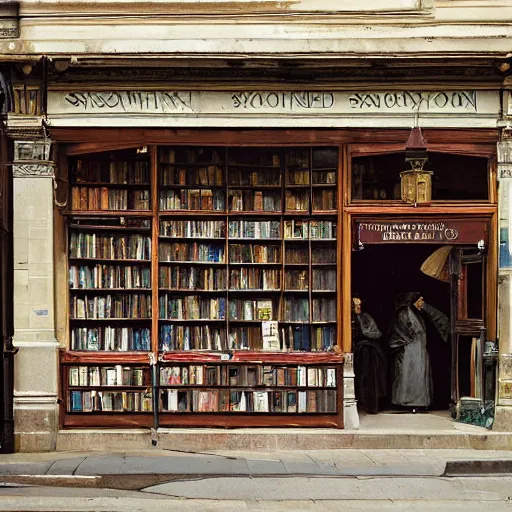 Prompt: jean-Baptiste Monge and Solomon Joseph Solomon and Richard Schmid and Jeremy Lipking victorian genre painting painting of an english 19th century english bookshop store front on a stone city streat with shops and stores