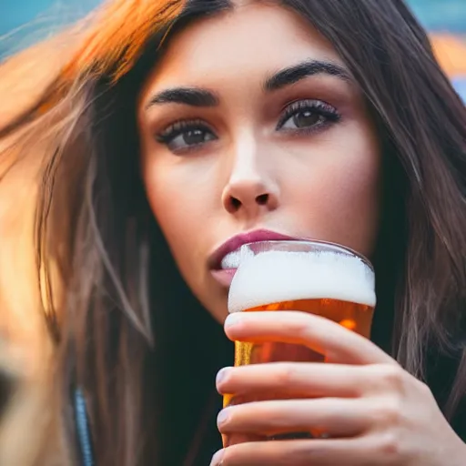 Image similar to 4k,ultra detailed portrait of Madison Beer drinking beer at the parking lot by Rachel Ruysch