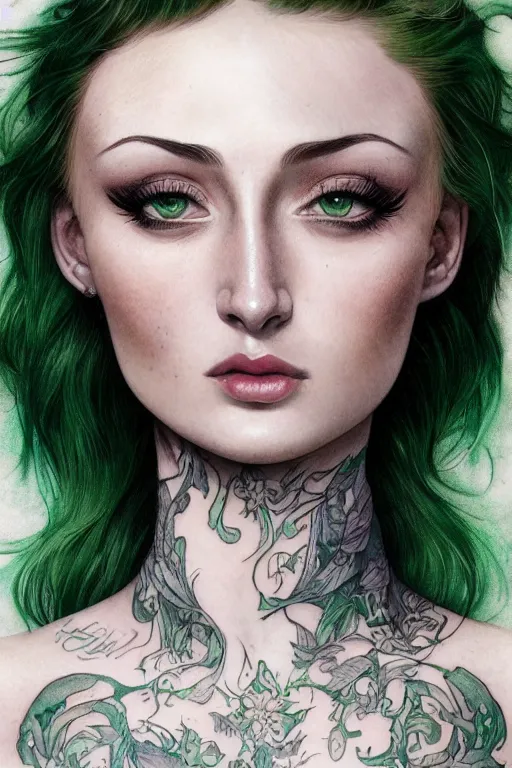 Image similar to upper body portrait shot of green hair tattooed pinup sophie turner, masterpiece, intricate, elegant, highly detailed, digital painting, artstation, concept art, smooth, sharp focus, illustration, art by artgerm and greg rutkowski and alphonse mucha and uang guangjian and gil elvgren and sachin teng, symmetry!!