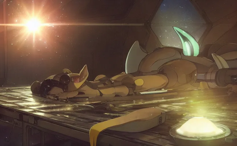 Prompt: an anime alien space cat sleeping on a mechanics workbench in a spaceport in a musical fantasy space opera ghibli animated film, volumetric lighting, octane render by stanley artgerm lau, greg rutkowski, studio ghibli, alphonse mucha, loish, norman rockwel, highly detailed, warm lighting, lens flare