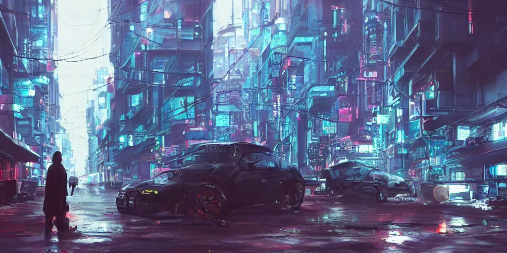 Image similar to a man standing next to a car on a city street, cyberpunk art by Vincent Lefevre, cgsociety, retrofuturism, matte painting, reimagined by industrial light and magic