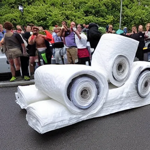 Image similar to car made of toilet paper is winning the race