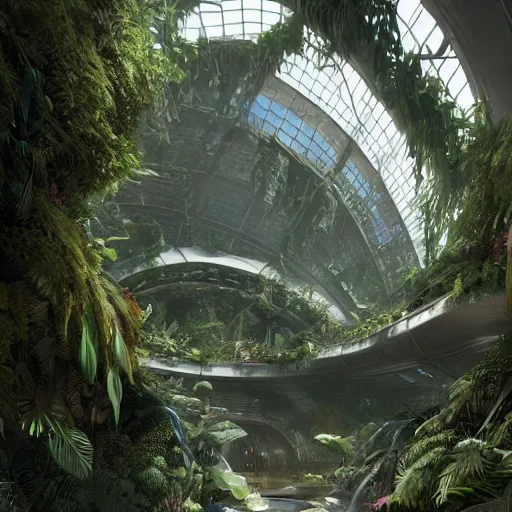 Prompt: stunning indoor jungle by greg rutkowski inside epic high technology biodome designed by zaha hadid, ultra detailed, highest quality, trending on artstation, 8 k