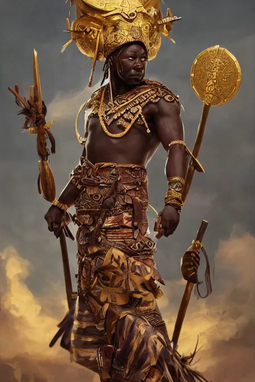 Image similar to ogun with a great spear, African warrior deity with tribal marking and golden armor, orisha God hunters and craftsmen, strong masculine features, menacing cinematic mid portrait, digital illustration, octane render trending on arstation by artgerm, raphaelite and mucha