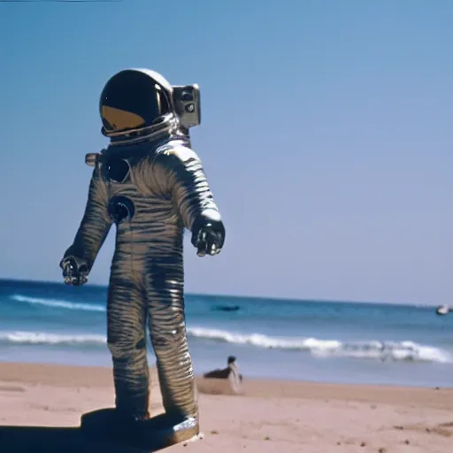 Prompt: an astronaut made of metal, on the beach, film still, arriflex 35