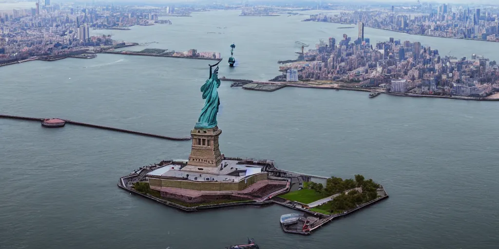 Prompt: a giant dragon on top of the statue of liberty, aerial view, thunderstorms, red lightning, 8k UHD