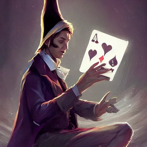 Image similar to magic elf magician wearing top hat performing a card trick, fantasy game art by greg rutkowski, fantasy rpg, league of legends