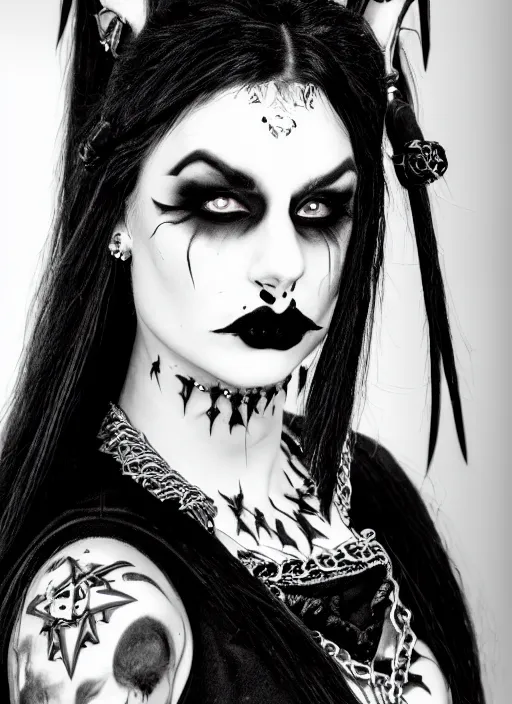 Prompt: black and white photo with a beautiful portrait of a goth girl with piercings in a collar with a mohawk hairstyle in a medieval dress. witch, true goth, makeup.