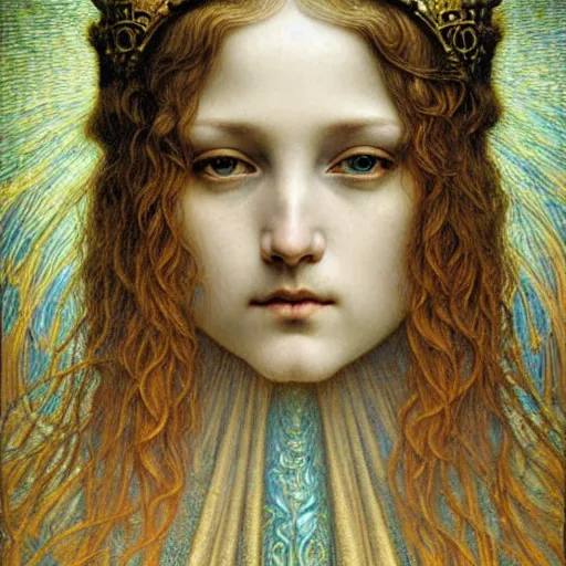 Image similar to detailed realistic beautiful young medieval queen face portrait by jean delville, gustave dore and marco mazzoni, art nouveau, symbolist, visionary, gothic, pre - raphaelite