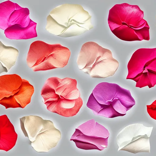 Prompt: various kinds of separate rose petals, botanical illustration, white background, 8 k