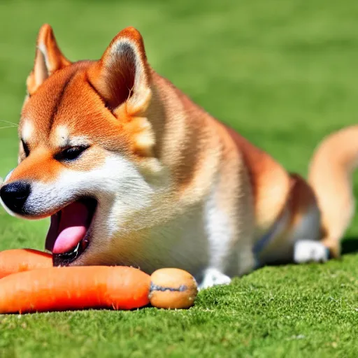 Image similar to a shiba inu eating a carrot, high quality, high resolution