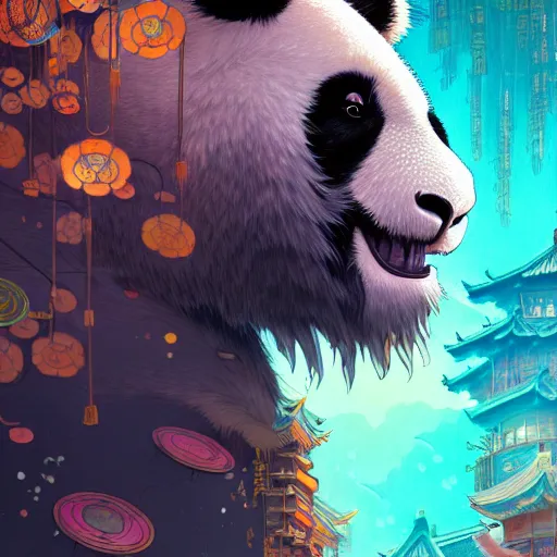 Image similar to a beautiful hyperdetailed character design 4 k wallpaper illustration of a cute panda with a chinese lion dance head victo ngai cyberpunk style, from china, style of studio ghibli, makoto shinkai, raphael lacoste, louis comfort tiffany, artgerm, james jean, ross tran, chinese style