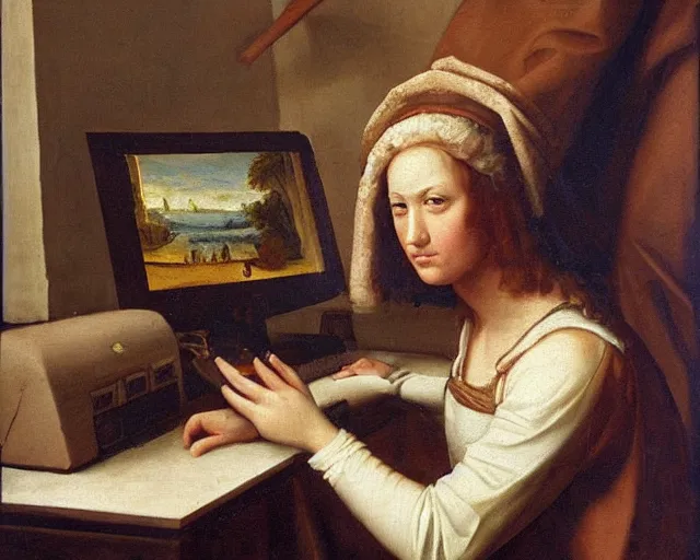 Image similar to realistic renaissance oil painting of a computer