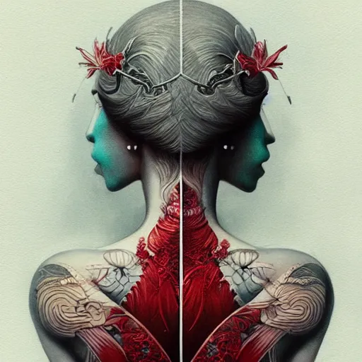 Image similar to ultra realistic illustration, beautifulwoman dressed in red kimono, backview, tattoos, in the style of peter mohrbacher by weta digital and beth cavener, high face symmetry, intricate, masterpiece, award winning, high face symmetry, intricate