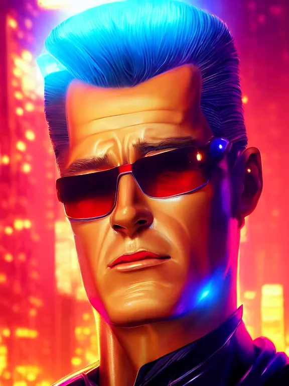 Prompt: portrait art of ultra realistic retro futuristic johnny bravo, lens flare, atmosphere, glow, detailed, intricate, blade runner, cybernetic, full of colour, cinematic lighting, trending on artstation, 4 k, hyperrealistic, focused, extreme details, unreal engine 5, cinematic, masterpiece