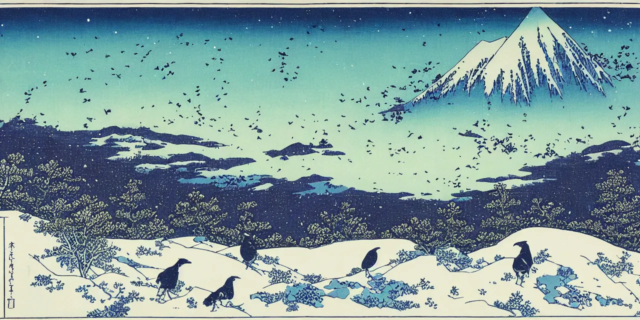 Image similar to laurentian appalachian mountains in winter, unique, original and creative landscape by hokusai, snowy night, distant town lights, aurora borealis, deers, ravens and crows, footsteps in the snow, brilliant composition, fascinating textures