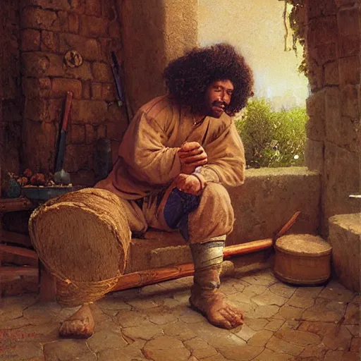 Image similar to a medieval carpenter, afro-featured, relaxing after work, candid, fantasy character portrait by gaston bussiere, craig mullins