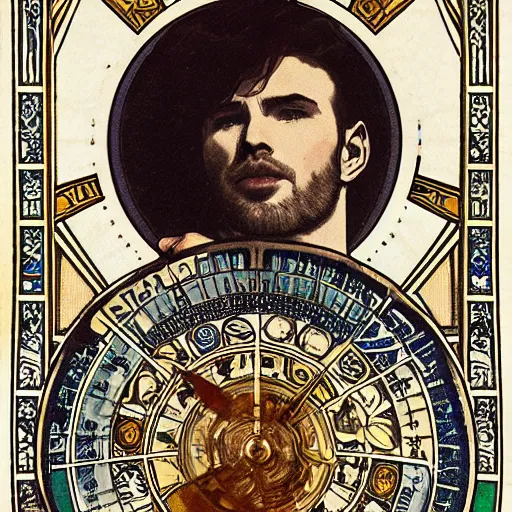 Prompt: chris evans portrait by louis - theophile hingre and alphonse mucha, realistic, sharp focus, zodiac signs, tarot cards, planets, ethereal, art nouveau, magic, moon, sun, crown, dreamy, royal, jewellery