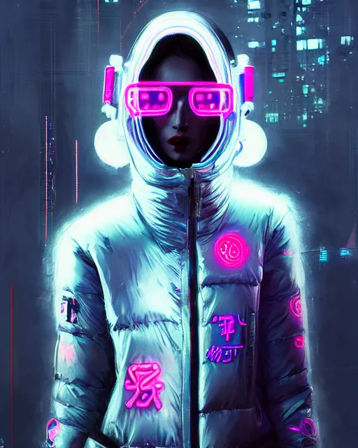 Image similar to detailed portrait Neon Operator Girl cyberpunk futuristic neon Reflective puffy coat, decorated with traditional japanese ornaments by ismail inceoglu dragan bibin hans thoma greg rutkowski Alexandros Pyromallis Nekro Rene Margitte illustrated Perfect face, fine details, realistic shaded, fine-face, pretty face