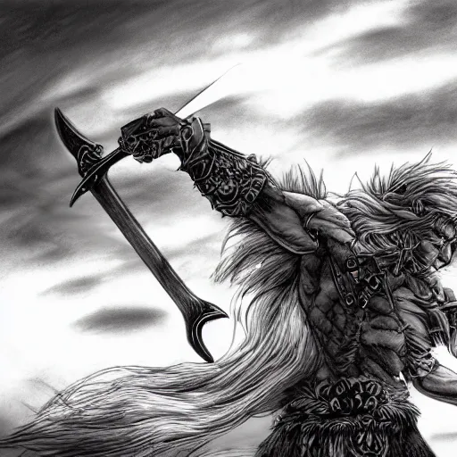 Prompt: muscular anthropomorphic gray wolf barbarian looking out into the sunset stabbing the ground with his sword while his hair blows in the wind, detailed, 4K, drawn by Yoshitaka Amano